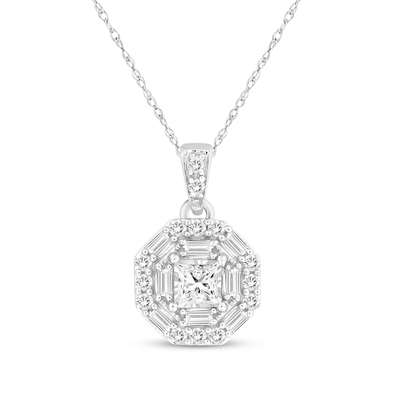 Main Image 1 of Princess, Baguette & Round-Cut Multi-Diamond Octagon Necklace 1/3 ct tw 10K White Gold 18"