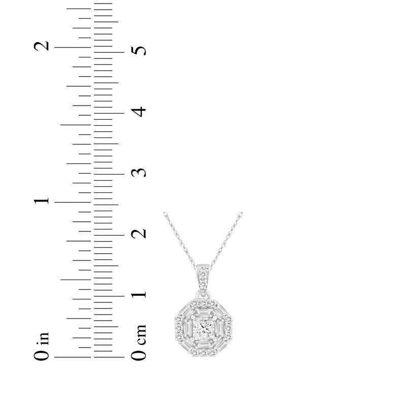 Main Image 3 of Princess, Baguette & Round-Cut Multi-Diamond Octagon Necklace 1/3 ct tw 10K White Gold 18"