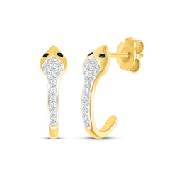 Black & White Diamond Snake J-Hoop Earrings 1/6 ct tw 10K Yellow Gold