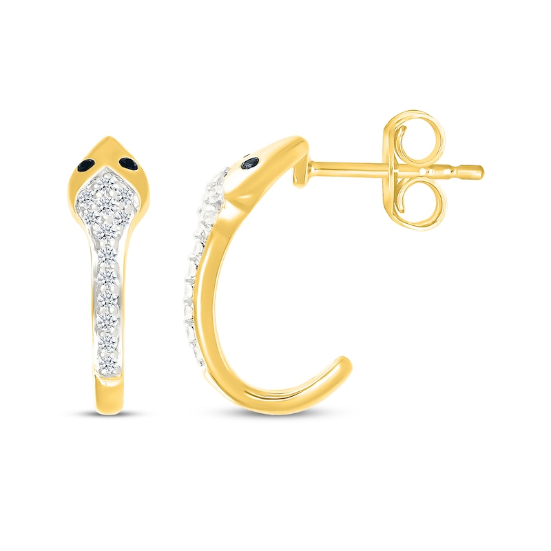 Main Image 3 of Black & White Diamond Snake J-Hoop Earrings 1/6 ct tw 10K Yellow Gold