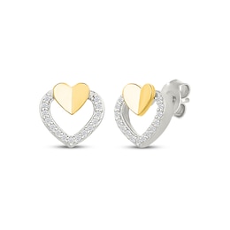 Diamond Double Heart Stud Earrings 1/10 ct tw Sterling Silver & 10K Yellow Gold