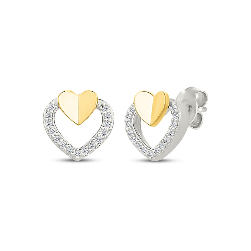 Main Image 1 of Diamond Double Heart Stud Earrings 1/10 ct tw Sterling Silver & 10K Yellow Gold