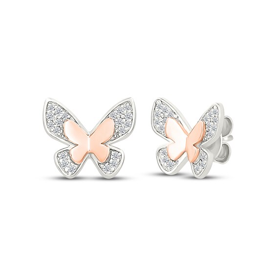 Diamond Butterfly Stud Earrings 1/8 ct tw Sterling Silver & 10K Rose Gold