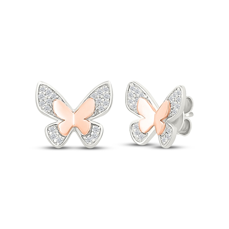 Main Image 1 of Diamond Butterfly Stud Earrings 1/8 ct tw Sterling Silver & 10K Rose Gold