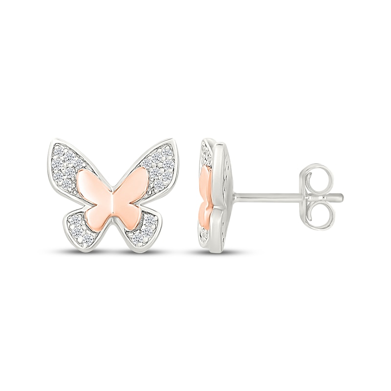 Main Image 3 of Diamond Butterfly Stud Earrings 1/8 ct tw Sterling Silver & 10K Rose Gold