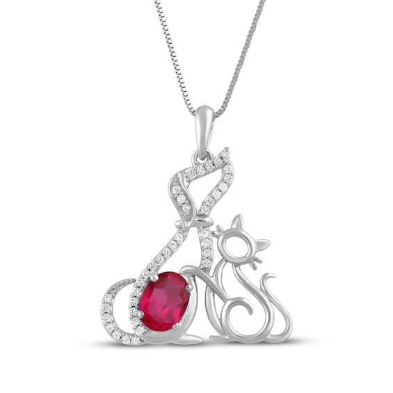 Oval-Cut Lab-Created Ruby & White Lab-Created Sapphire Cat & Dog Necklace Sterling Silver 18"
