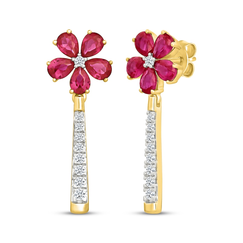 Main Image 1 of Pear-Shaped Lab-Created Ruby & White Lab-Created Sapphire Drop Earrings 24K Yellow Gold Vermeil Sterling Silver