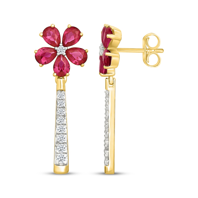 Main Image 3 of Pear-Shaped Lab-Created Ruby & White Lab-Created Sapphire Drop Earrings 24K Yellow Gold Vermeil Sterling Silver