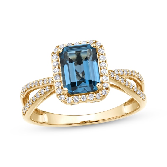 Emerald-Cut Natural London Blue Topaz & Diamond Halo Ring 1/4 ct tw 10K Yellow Gold
