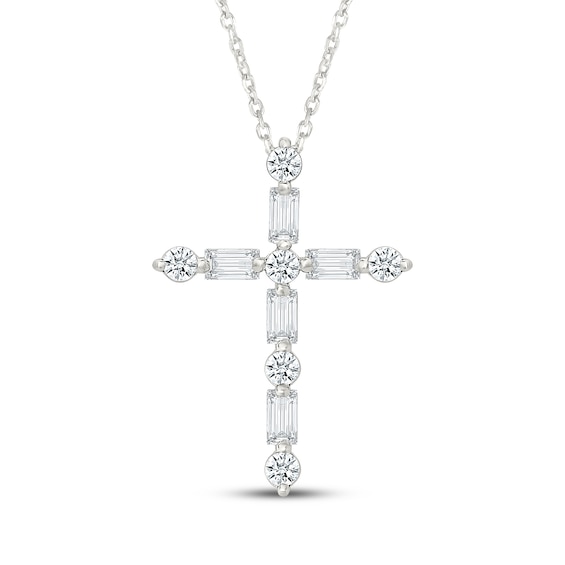 KAY Lab-Grown Diamonds Round & Baguette-Cut Cross Necklace 1/3 ct tw 10K White Gold 18"