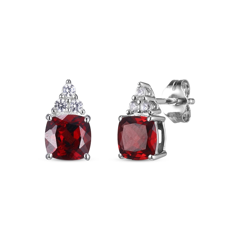 Cushion-Cut Garnet & Round-Cut White Lab-Created Sapphire Stud Earrings Sterling Silver