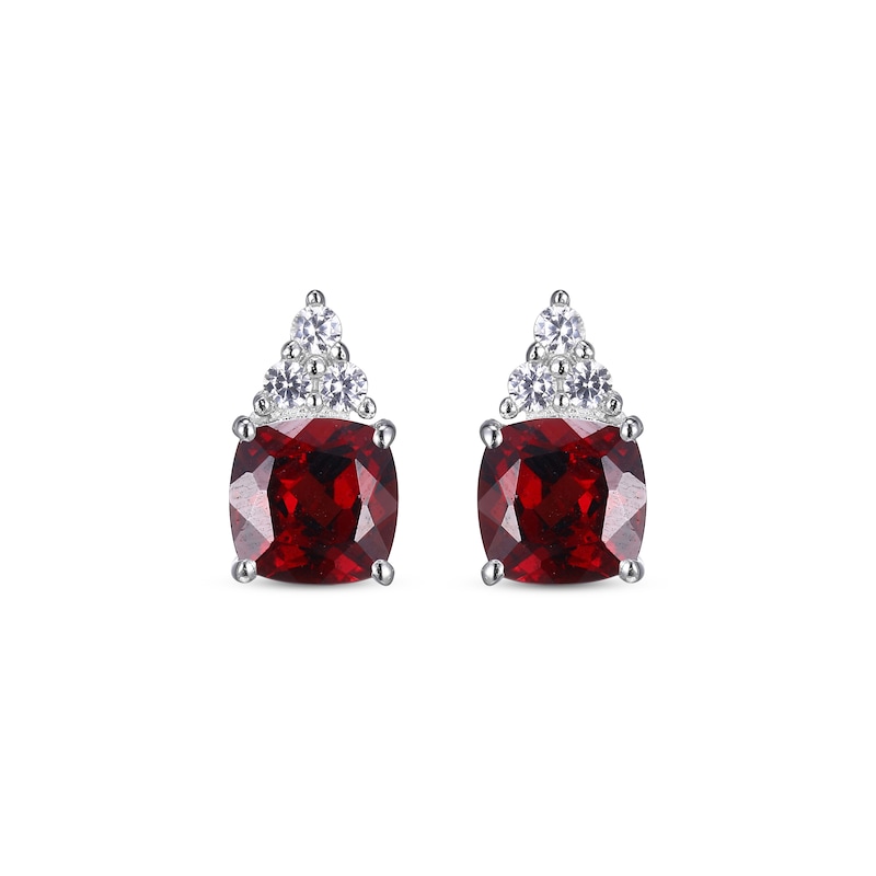 Cushion-Cut Garnet & Round-Cut White Lab-Created Sapphire Stud Earrings Sterling Silver