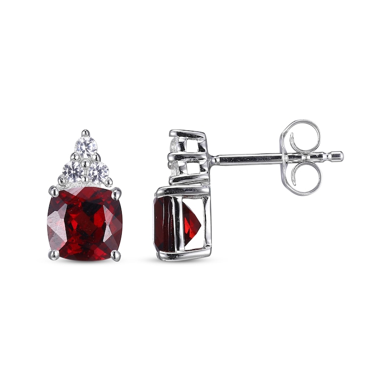 Cushion-Cut Garnet & Round-Cut White Lab-Created Sapphire Stud Earrings Sterling Silver