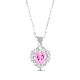 Heart-Shaped Pink & White Lab-Created Sapphire Necklace Sterling Silver 18”