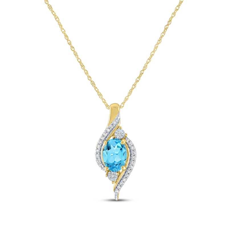 Main Image 1 of Oval-Cut Sky Blue Topaz & Diamond Swirl Necklace 1/15 ct tw 10K Yellow Gold 18"