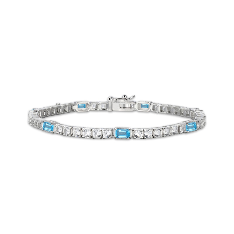 Main Image 1 of Emerald-Cut Swiss Blue Topaz & White Lab-Created Sapphire Bracelet Sterling Silver 7.25"