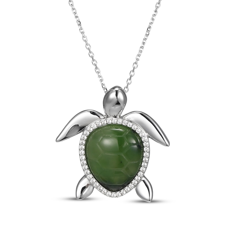Main Image 1 of Nephrite Jade & White Lab-Created Sapphire Turtle Necklace Sterling Silver 18"