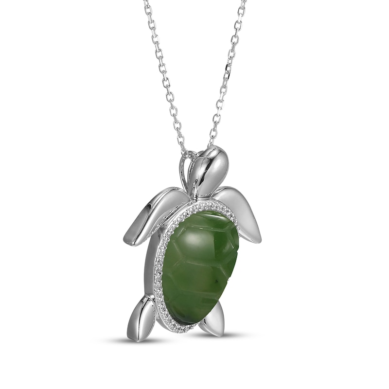 Main Image 2 of Nephrite Jade & White Lab-Created Sapphire Turtle Necklace Sterling Silver 18"