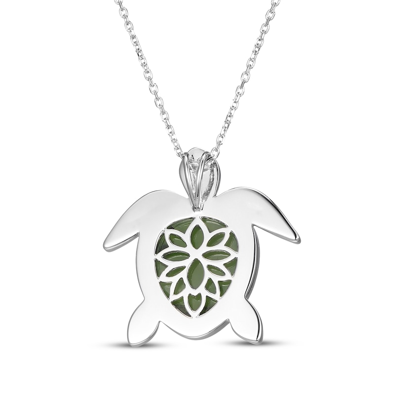 Main Image 3 of Nephrite Jade & White Lab-Created Sapphire Turtle Necklace Sterling Silver 18"