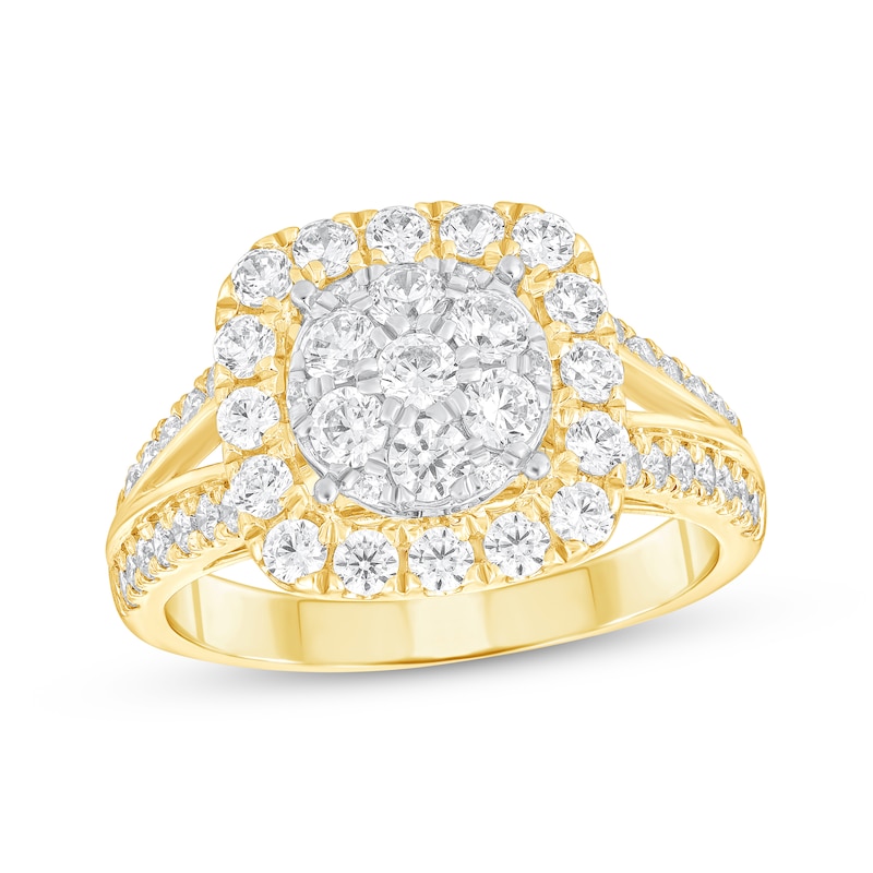 Main Image 1 of Adore Multi-Diamond Cushion Halo Engagement Ring 1-3/8 ct tw 10K Two-Tone Gold