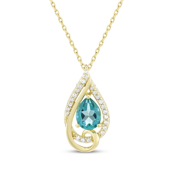 Pear-Shaped Oceanic Blue Topaz & Diamond Teardrop Necklace 1/6 ct tw 10K Yellow Gold 18"