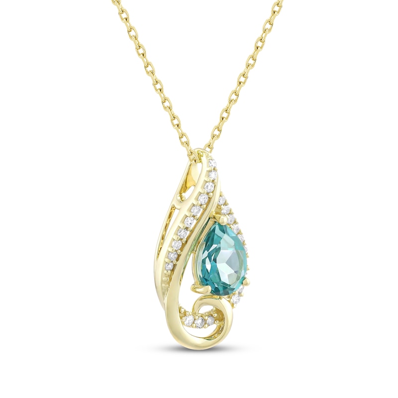 Main Image 2 of Pear-Shaped Oceanic Blue Topaz & Diamond Teardrop Necklace 1/6 ct tw 10K Yellow Gold 18"