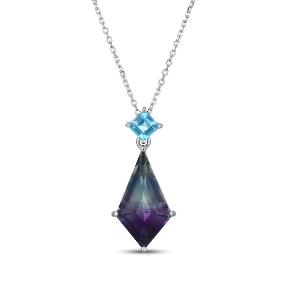 Kite-Shaped Fluorite & Square-Cut Swiss Blue Topaz Necklace Sterling Silver 18"