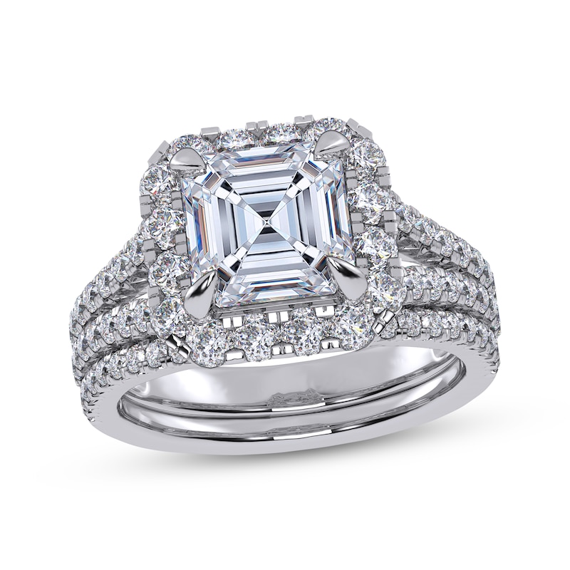 Main Image 1 of Adore Square Emerald-Cut Lab-Grown Diamond Halo Split Shank Bridal Set 3 ct tw 14K White Gold