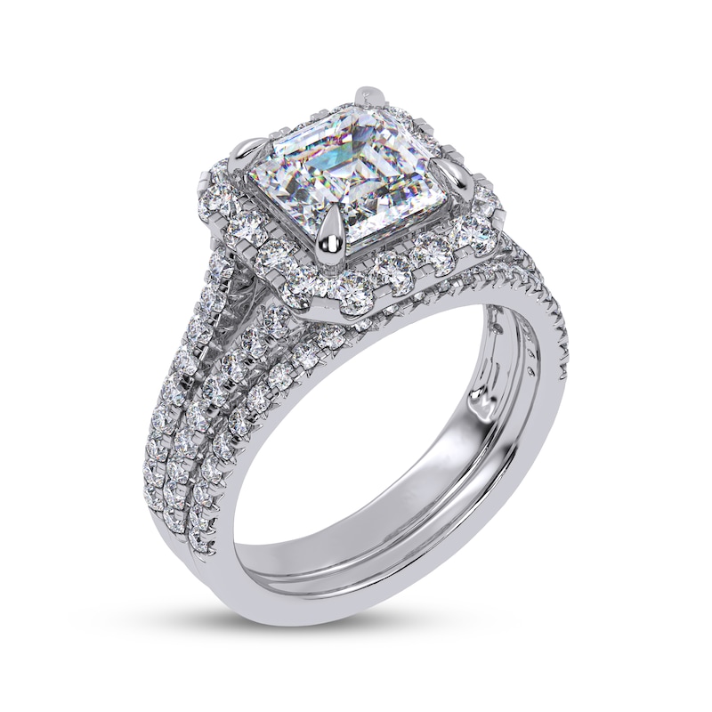 Main Image 2 of Adore Square Emerald-Cut Lab-Grown Diamond Halo Split Shank Bridal Set 3 ct tw 14K White Gold