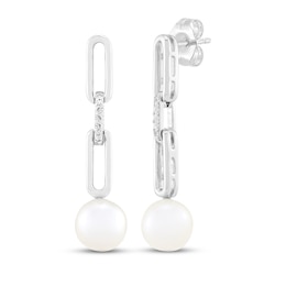 Cultured Pearl & White Lab-Created Sapphire Paperclip Link Drop Earrings Sterling Silver