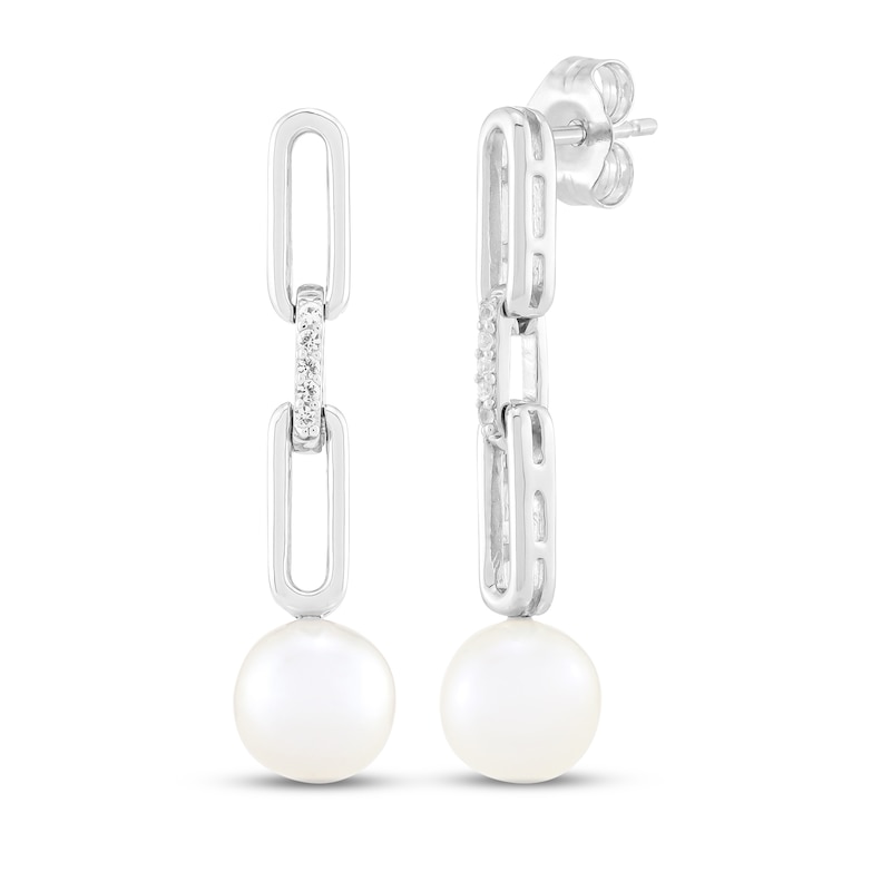 Main Image 1 of Cultured Pearl & White Lab-Created Sapphire Paperclip Link Drop Earrings Sterling Silver