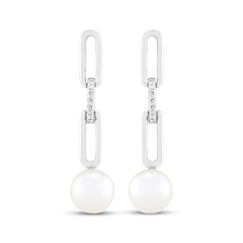 Main Image 2 of Cultured Pearl & White Lab-Created Sapphire Paperclip Link Drop Earrings Sterling Silver