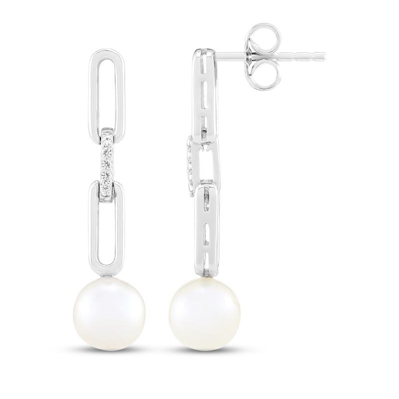 Main Image 3 of Cultured Pearl & White Lab-Created Sapphire Paperclip Link Drop Earrings Sterling Silver