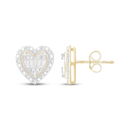 Baguette & Round-Cut Multi-Diamond Heart Stud Earrings 1/4 ct tw 10K Yellow Gold