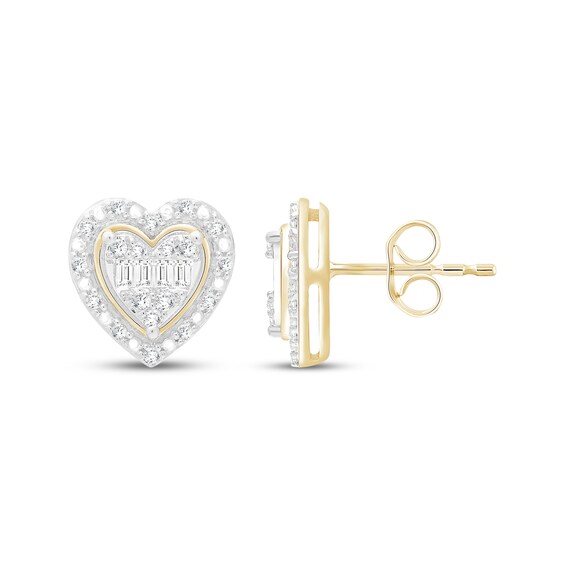 Baguette & Round-Cut Multi-Diamond Heart Stud Earrings 1/4 ct tw 10K Yellow Gold
