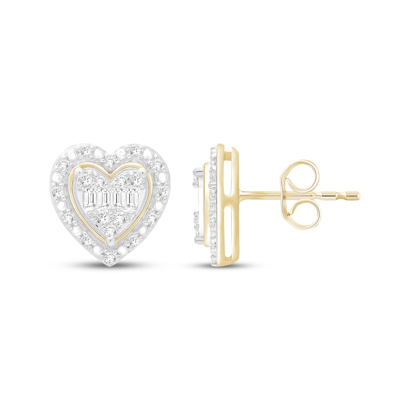 Main Image 1 of Baguette & Round-Cut Multi-Diamond Heart Stud Earrings 1/4 ct tw 10K Yellow Gold