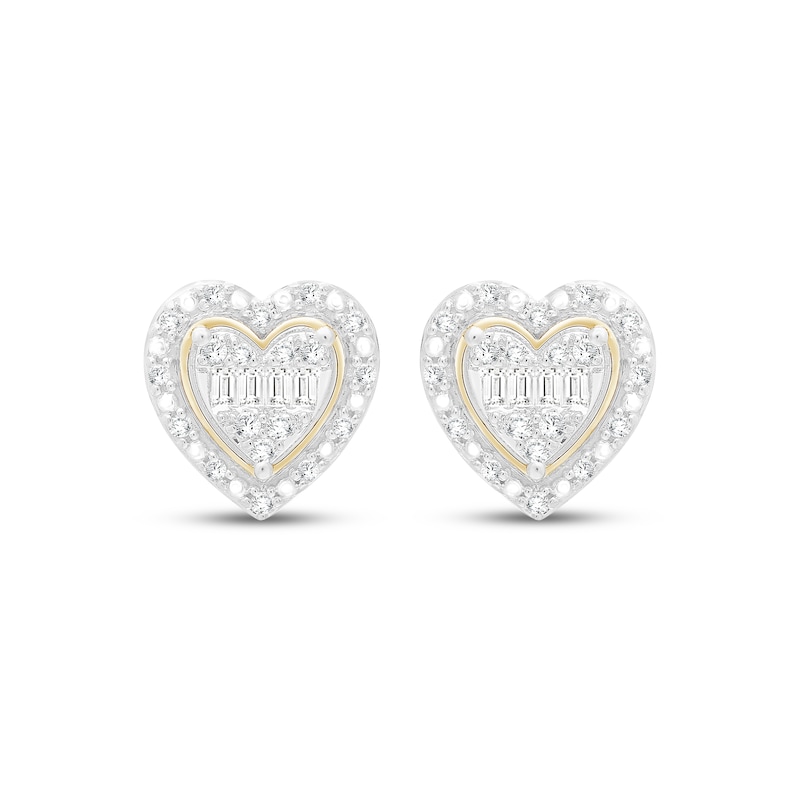 Main Image 2 of Baguette & Round-Cut Multi-Diamond Heart Stud Earrings 1/4 ct tw 10K Yellow Gold