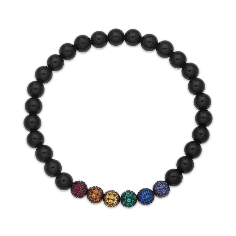 Main Image 2 of Men's Black Agate & Multicolor Lab-Created Gemstone Bead Bracelet Matte Gunmetal-Plated Sterling Silver 8.5"