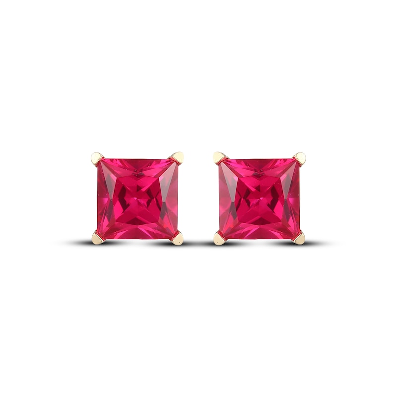 Main Image 2 of Men's Square-Cut Lab-Created Ruby Solitaire Stud Earrings 10K Yellow Gold