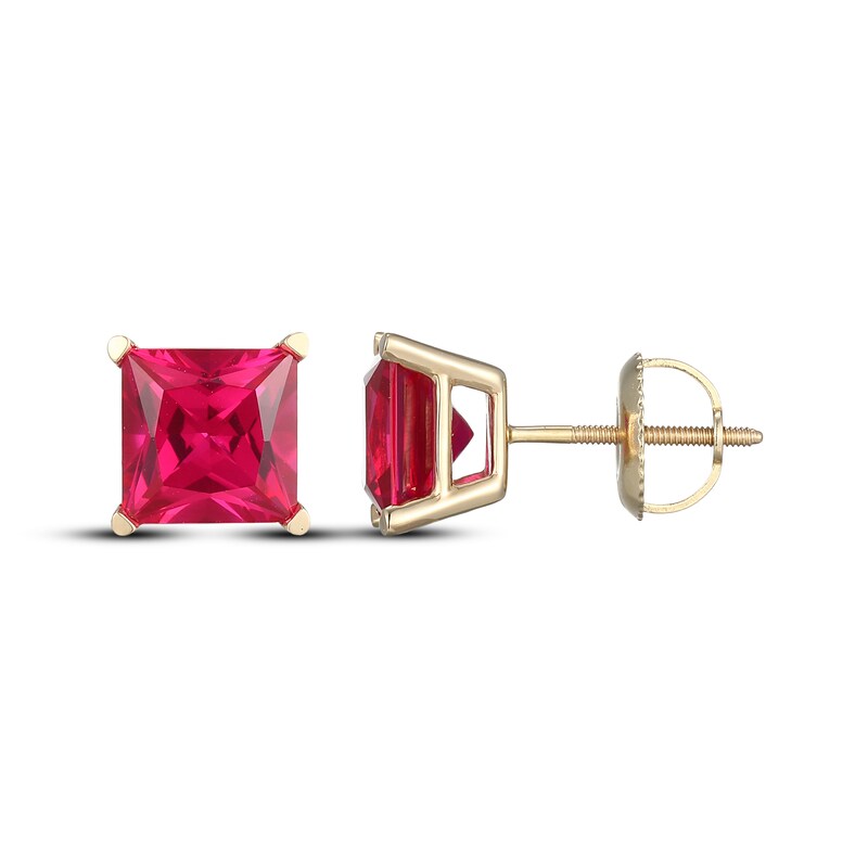 Main Image 3 of Men's Square-Cut Lab-Created Ruby Solitaire Stud Earrings 10K Yellow Gold