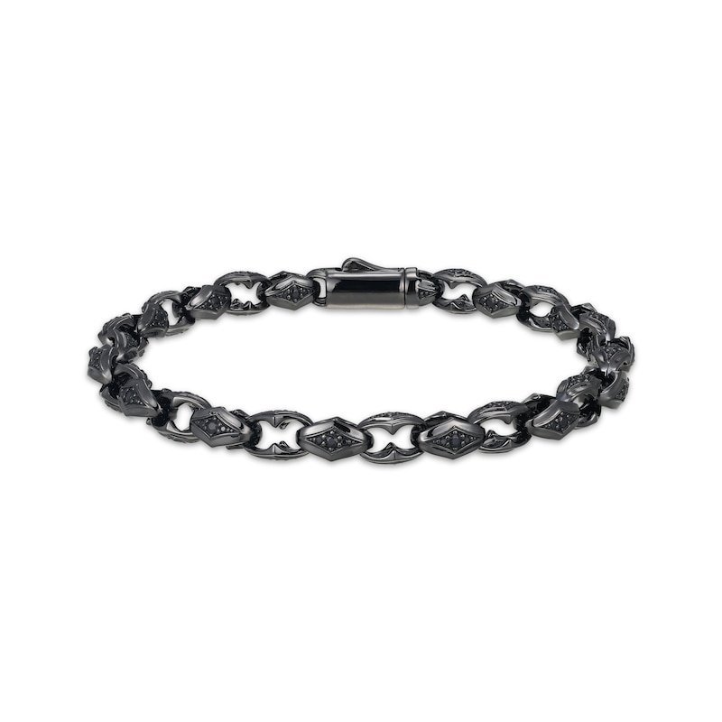 Main Image 1 of Men's Black Sapphire Chain Link Bracelet Matte Gunmetal-Plated Sterling Silver 8.5"