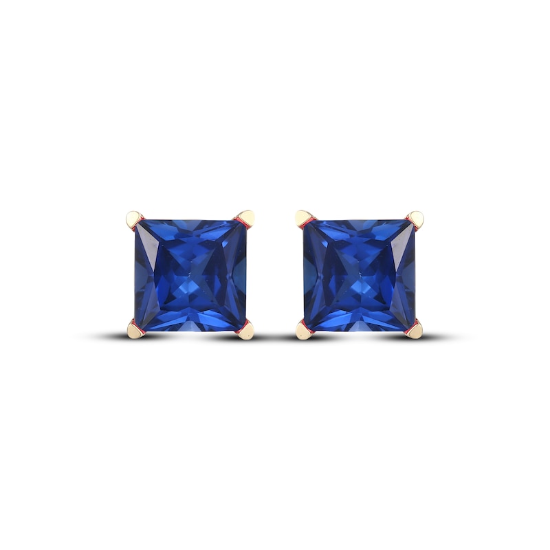 Main Image 2 of Men's Square-Cut Blue Lab-Created Sapphire Solitaire Stud Earrings 10K Yellow Gold