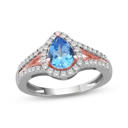 Pear-Shaped Swiss Blue Topaz & White Lab-Created Sapphire Halo Ring Sterling Silver & 10K Rose Gold