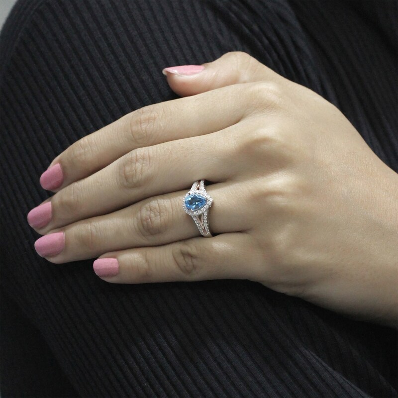 Main Image 3 of Pear-Shaped Swiss Blue Topaz & White Lab-Created Sapphire Halo Ring Sterling Silver & 10K Rose Gold