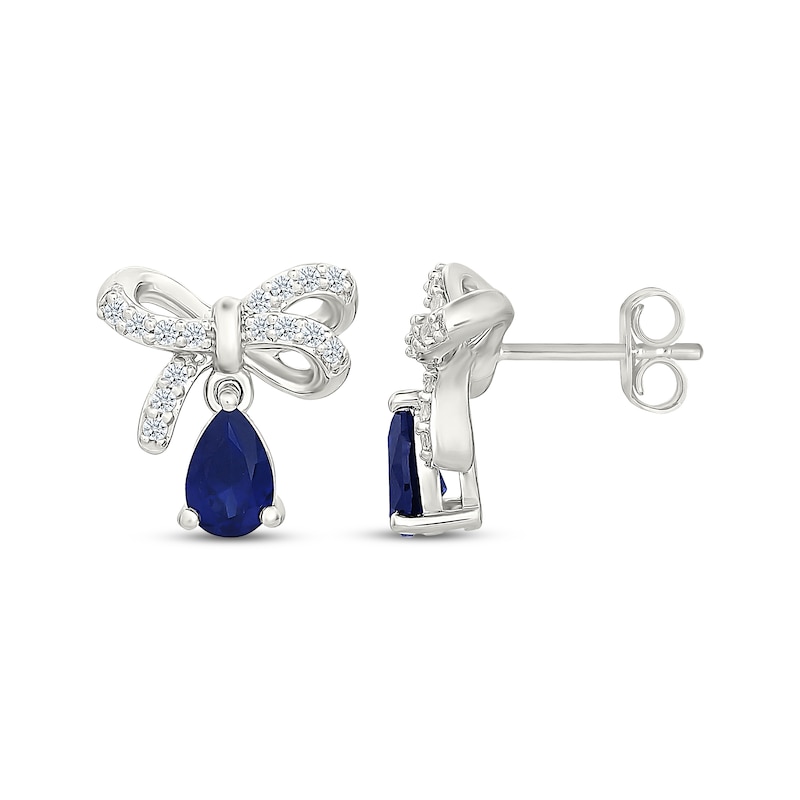 Main Image 3 of Pear-Shaped Blue Lab-Created Sapphire & White Lab-Created Sapphire Bow Dangle Earrings Sterling Silver