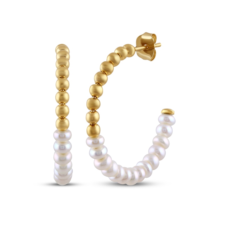 Main Image 1 of Cultured Freshwater Pearl & Beaded Half-and-Half Hoop Earrings 24K Yellow Gold Vermeil Sterling Silver