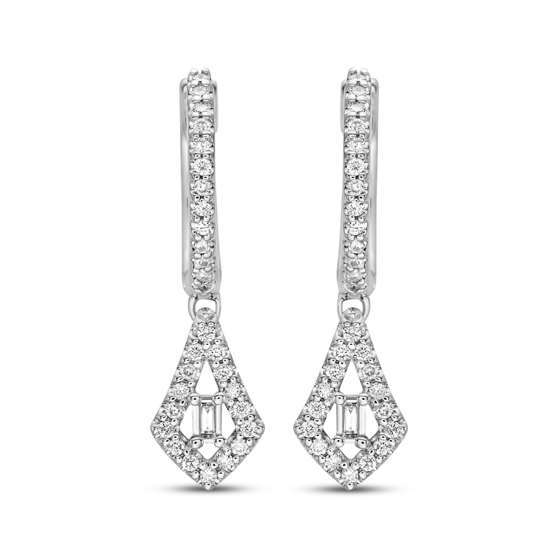 Main Image 2 of Baguette & Round-Cut Diamond Dangle Hoop Earrings 1/4 ct tw 10K White Gold