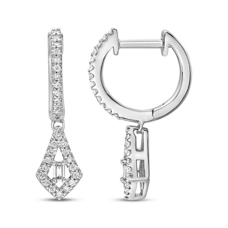 Main Image 3 of Baguette & Round-Cut Diamond Dangle Hoop Earrings 1/4 ct tw 10K White Gold