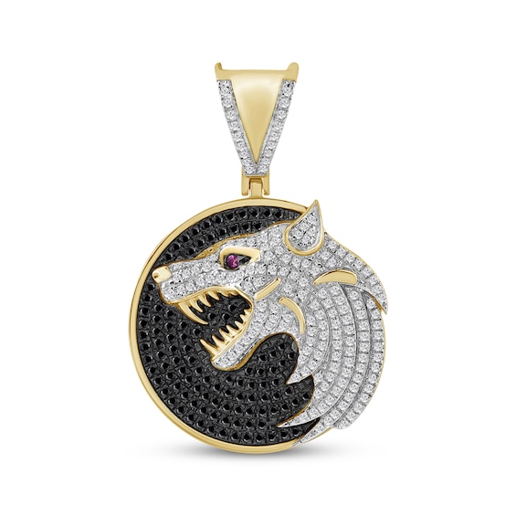 Men's Black & White Diamond, Lab-Created Ruby Wolf Charm 3/4 ct tw 10K Yellow Gold