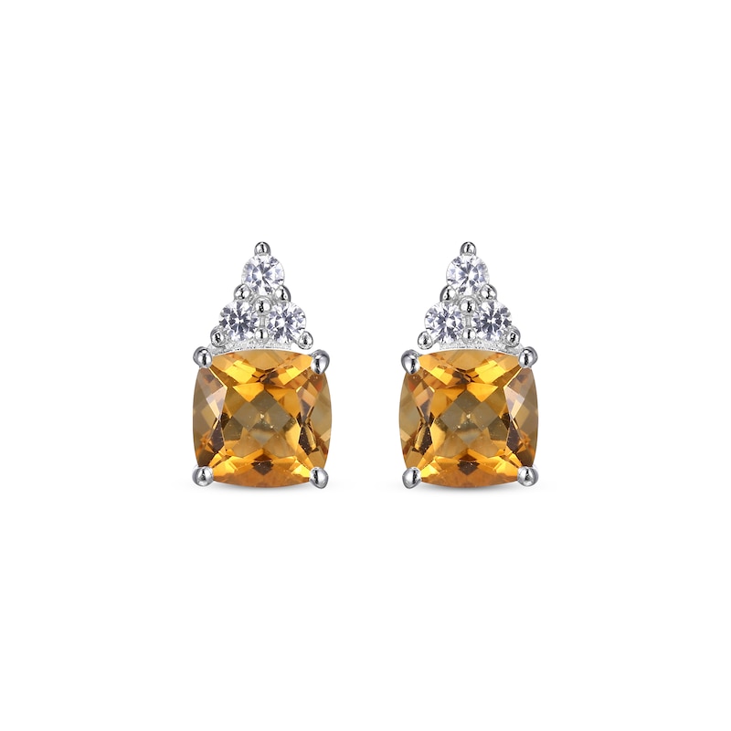 Cushion-Cut Citrine & Round-Cut White Lab-Created Sapphire Stud Earrings Sterling Silver